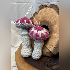 Hand crafted crochet mushroom ornaments set of 2